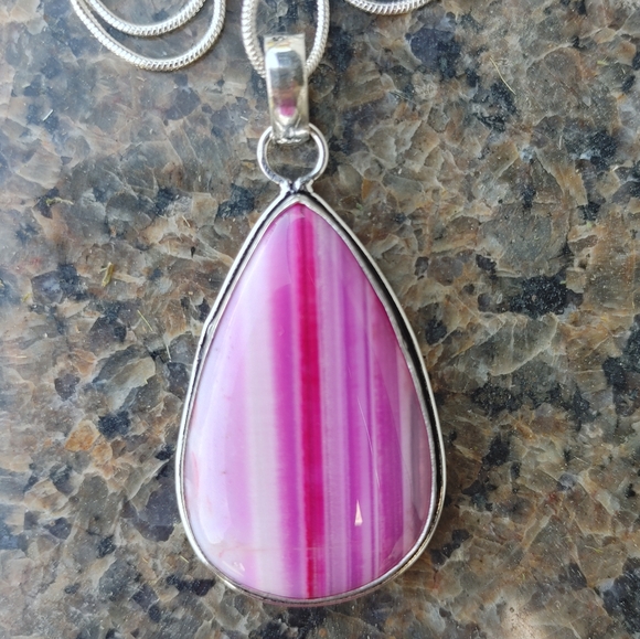 Pink Botswana Agate Pendant Necklace in 925 Sterling Silver Overlay (2.1") - Picture 2 of 10